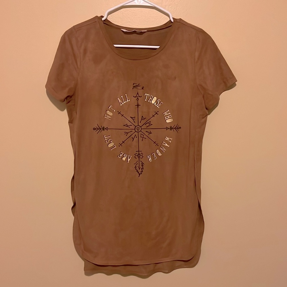 M Women T-Shirt Tunic Front Golden Print Short Sleeve Roundneck Side Slit Summer